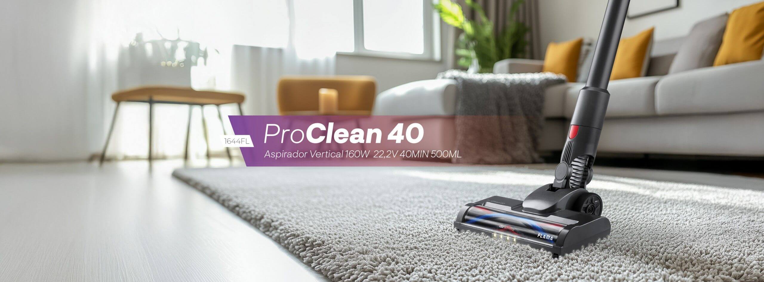 Aspirador Vertical ProClean 40 Sem Fios 1644FL em ambiente com tapete