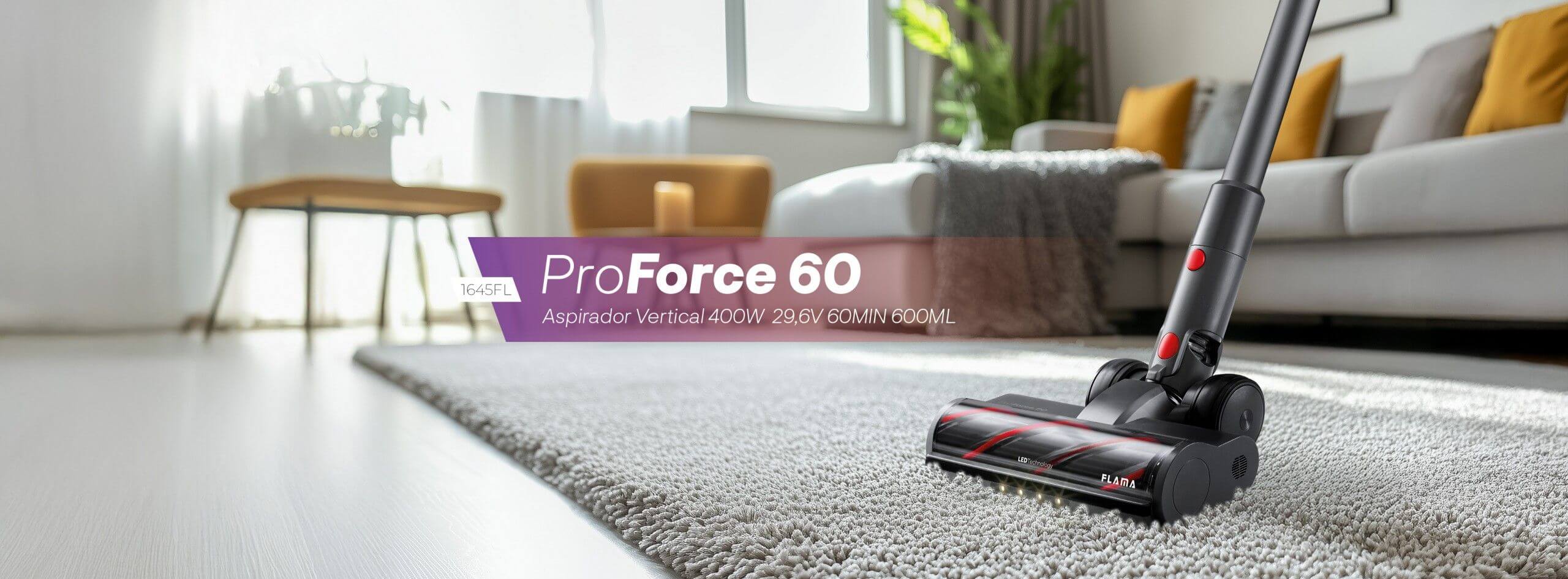 Aspirador Vertical ProForce 60 Sem Fios 1645FL em ambiente com tapete