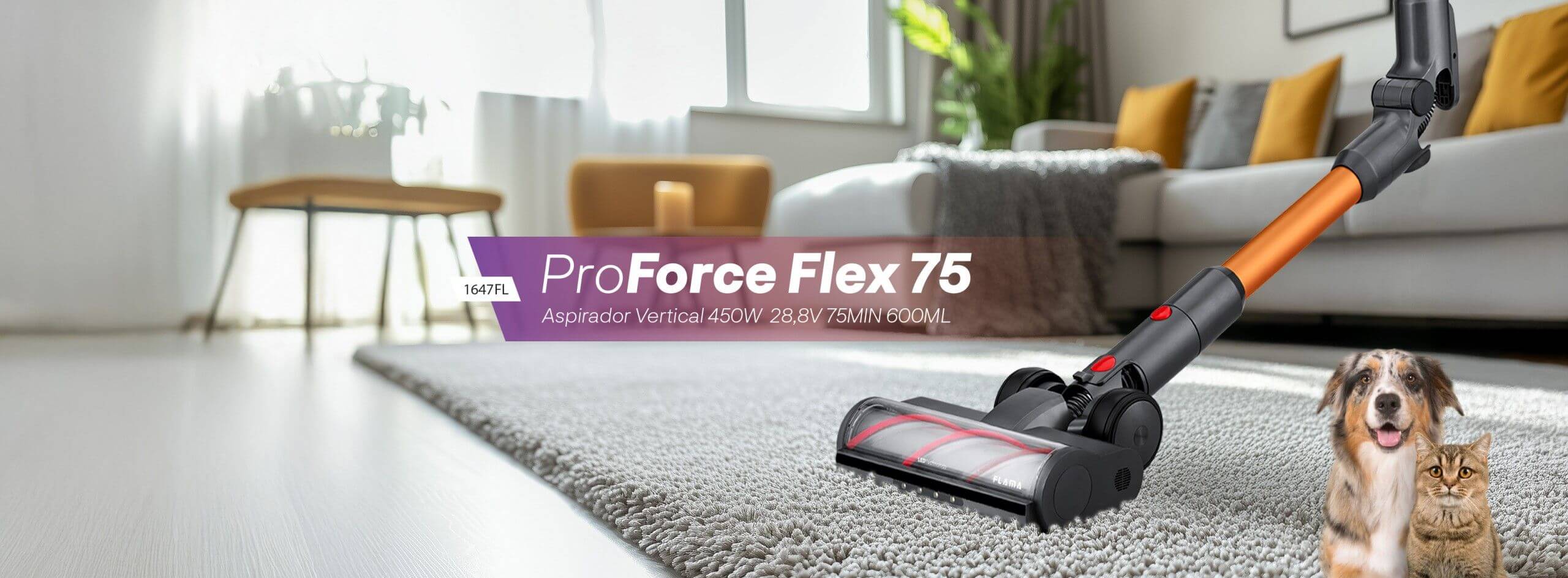 Aspirador Vertical ProForce Flex 75 Sem Fios 1647FL em ambiente com tapete e animais
