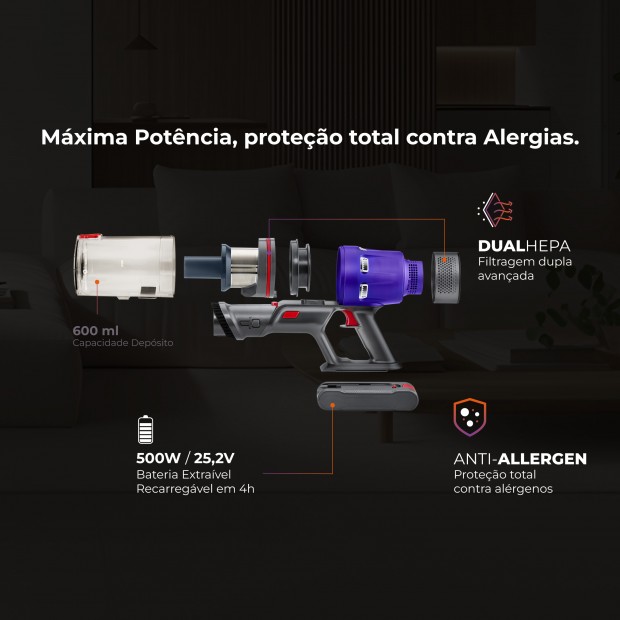 Aspirador Vertical ProExtreme Pet 85 Sem Fios 1648FL Aspirador Vertical ProExtreme Pet 85 Sem Fios 1648FL